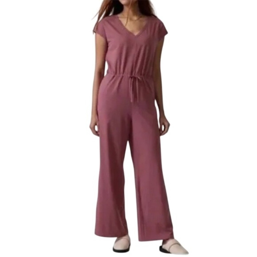Athleta Womens Willow Jumpsuit Mauve Pink V-Neck Wide Leg Knit Romper Size Large
